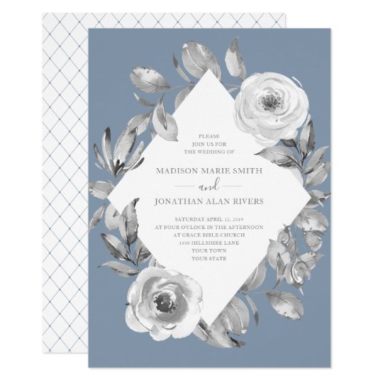 Dusty Blue Gray Fl Diamond Wedding Invitation Dusty Blue Gray Fl Diamond Wedding Invitation