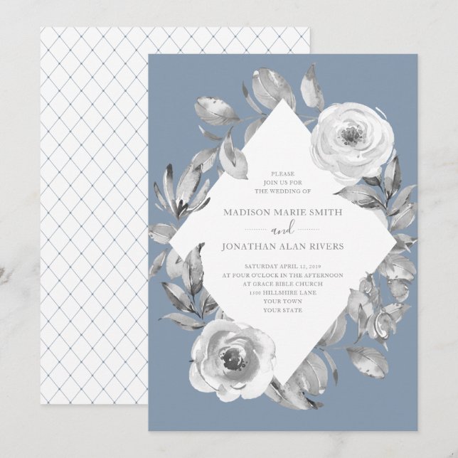 Dusty Blue Gray Floral Diamond Wedding Invitation (Front/Back)