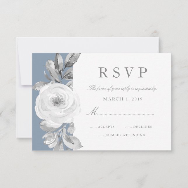 Dusty Blue Gray Floral Diamond Wedding RSVP Card (Front)