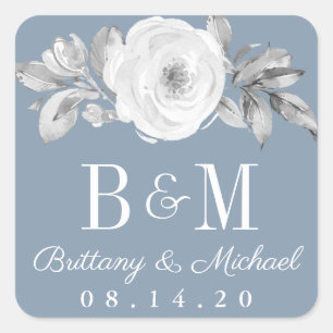 Dusty Blue Gray Floral Diamond Wedding Stickers
