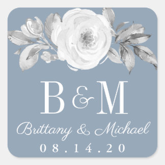Dusty Blue Gray Floral Diamond Wedding Stickers