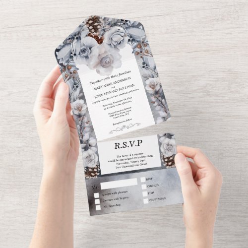 Dusty blue gray floral rose pine cone winter all i all in one invitation