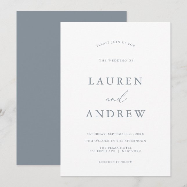 Dusty Blue Gray Formal Minimalist Wedding Invitation (Front/Back)