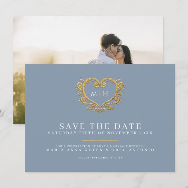 Dusty blue gray gold heart photo wedding save the date (Front/Back)