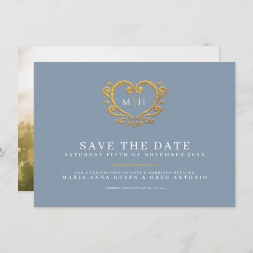 Dusty blue gray gold heart photo wedding save the date