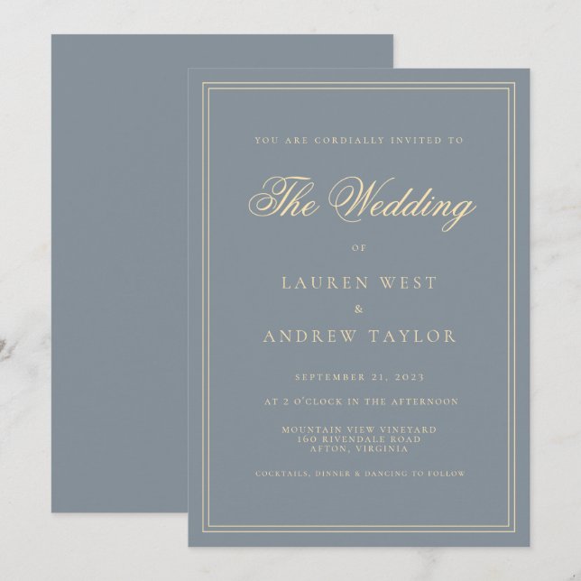 Dusty Blue Gray Gold Modern Minimalist Wedding Invitation (Front/Back)