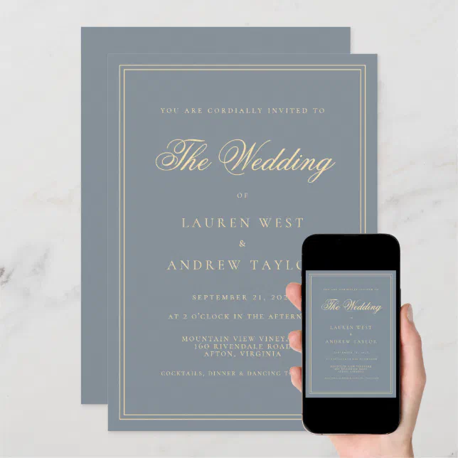 Dusty Blue Gray Gold Modern Minimalist Wedding Invitation Zazzle