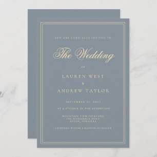 Dusty Blue Gray Gold Modern Minimalist Wedding Invitation