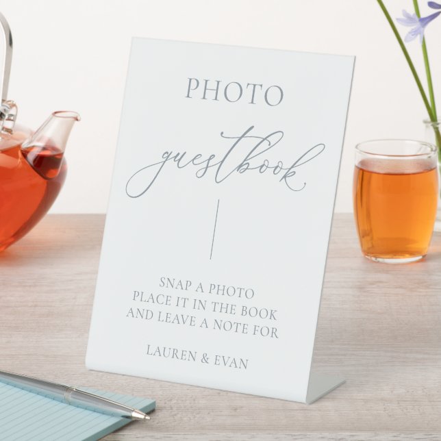 Dusty Blue Gray Minimalist Photo Guestbook Pedestal Sign (In SItu)