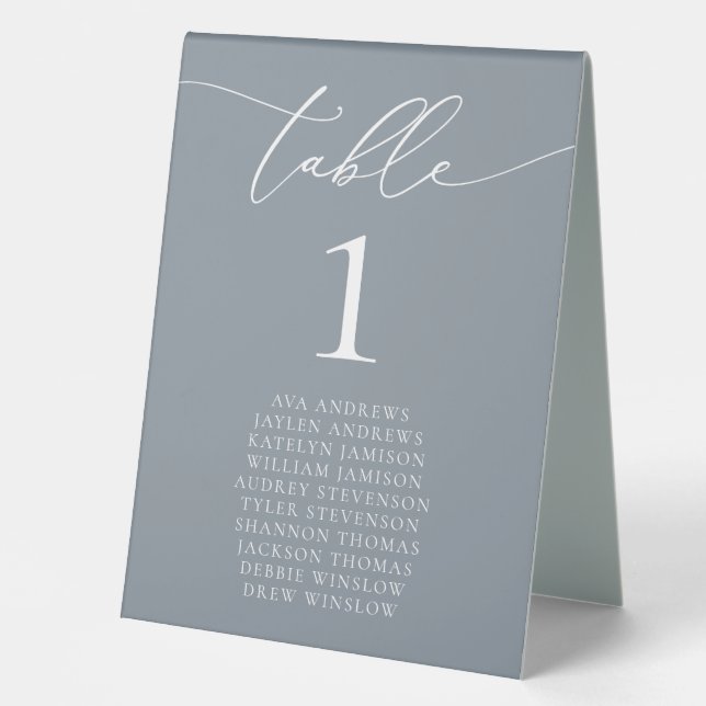 Dusty Blue Gray Minimalist Wedding Table Number Tent (Front)