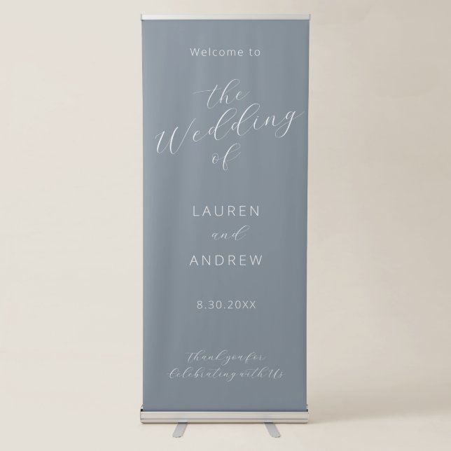 Dusty Blue Gray Modern Calligraphy Script Wedding  Retractable Banner (Front)