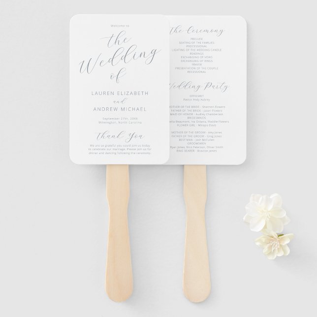 Dusty Blue Gray Modern Calligraphy Wedding Program Hand Fan (Front and Back)