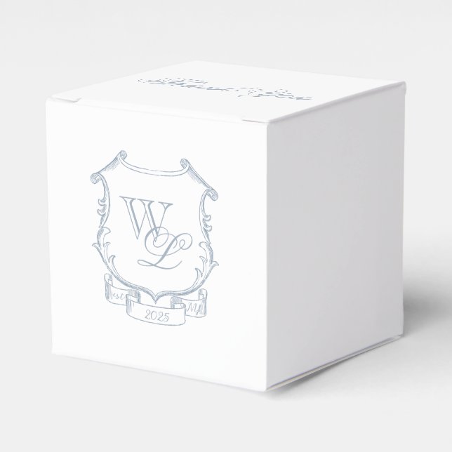 Dusty Blue Gray Monogram Crest Favor Boxes (Front Side)