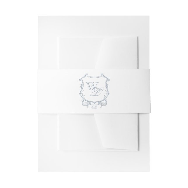 Dusty Blue Gray Monogram Crest Invitation Belly Band (Front Example)