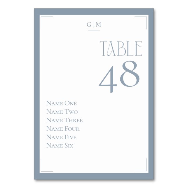 Dusty Blue Gray Monogram Guest Names Modern Table Number (Back)