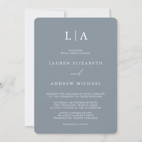 Dusty Blue Gray Monogram Simple Minimalist Wedding Invitation