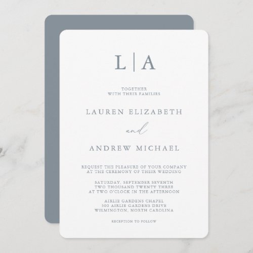 Dusty Blue Gray Monogram Simple Minimalist Wedding Invitation
