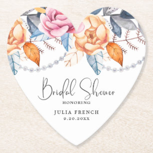 Dusty Blue Gray Orange Floral Bridal Shower Heart Paper Coaster