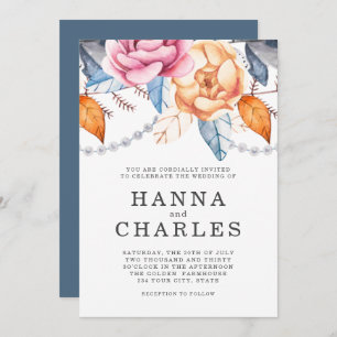 Dusty Blue Gray Orange Watercolor Floral Wedding Invitation