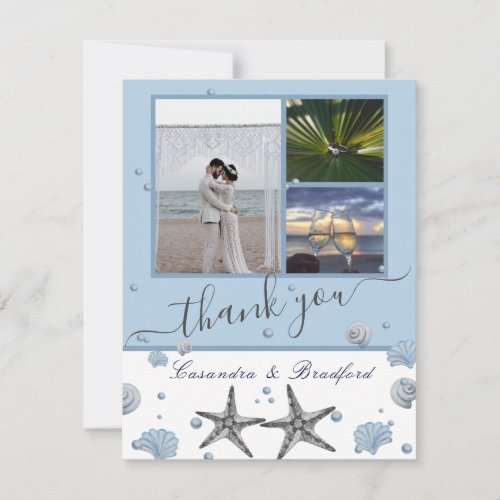 Dusty Blue Gray Starfish Shells 3 photo collage Thank You Card