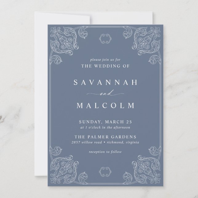 Dusty Blue Gray | Vintage Ornate Classic Wedding I Invitation (Front)