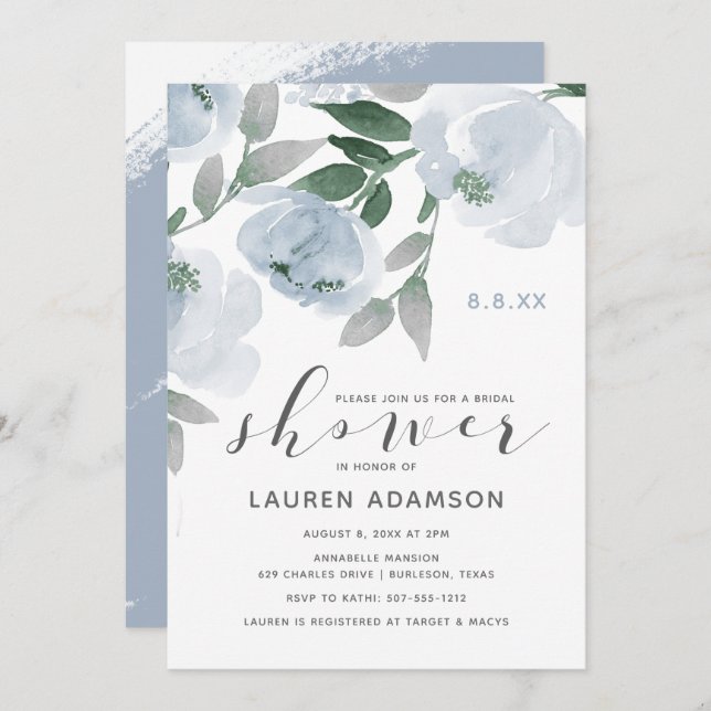 Dusty Blue & Gray Watercolor Bridal Shower Invitation (Front/Back)