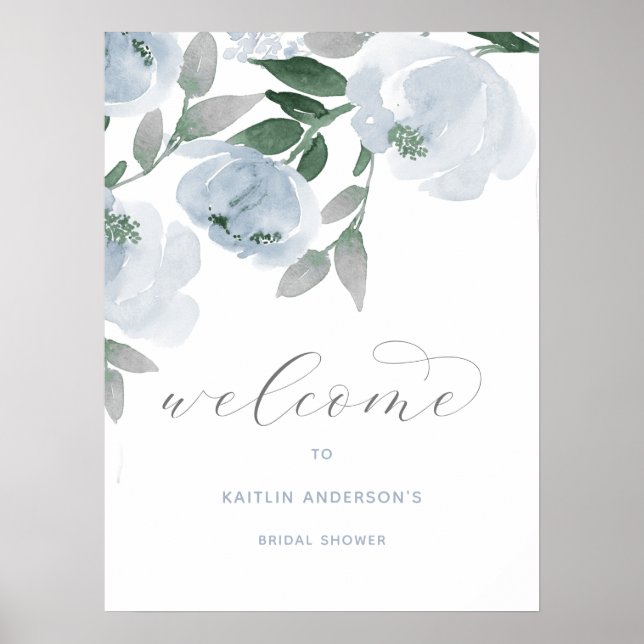 Dusty Blue & Gray Watercolor Bridal Shower Welcome Poster (Front)