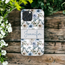 Dusty Blue Gray Watercolor Floral Custom Name