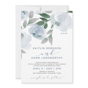 Dusty Blue Gray Watercolor Floral Wedding Invitation