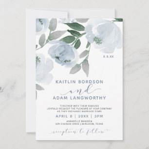 Dusty Blue Gray Watercolor Floral Wedding Invitation