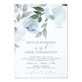 Dusty Blue Gray Watercolor Floral Wedding Invitation
