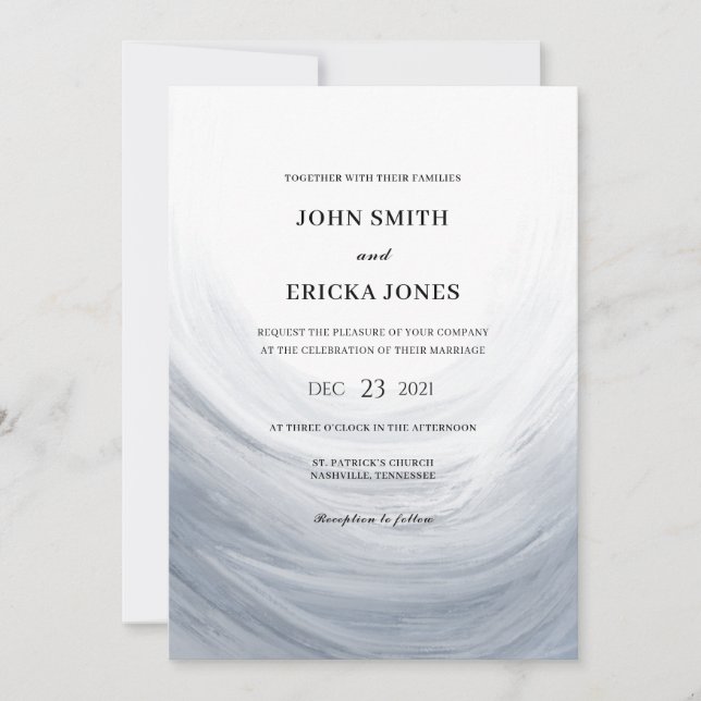 Dusty Blue Gray Watercolor Wave Wedding Invitation (Front)