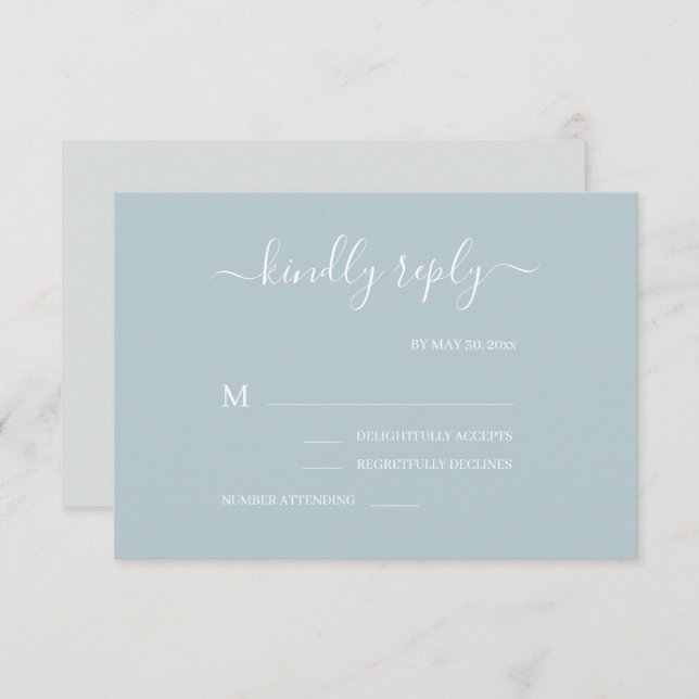 Dusty Blue Gray White Minimalist Wedding RSVP Invitation (Front/Back)