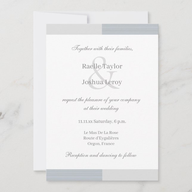Dusty Blue Gray White Stripes Ampersand Wedding Invitation (Front)