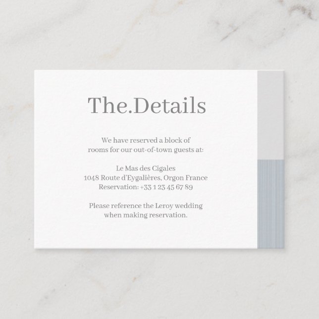 Dusty Blue Gray White Stripes Wedding Hotel Detail Enclosure Card (Front)