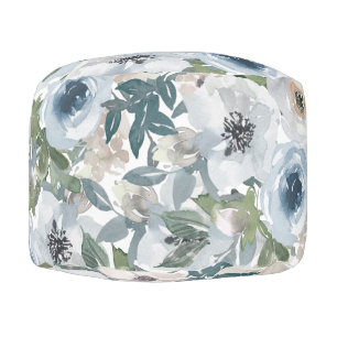 Dusty Blue Gray White Watercolor Floral Pattern  Pouf