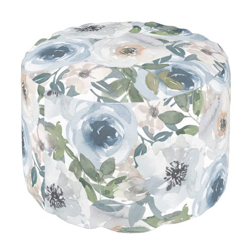 Dusty Blue Gray White Watercolor Floral Pattern  Pouf