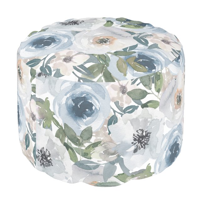 Dusty Blue Gray White Watercolor Floral Pattern  Pouf (Angled Back)