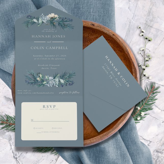 Dusty Blue Gray Winter Floral Wedding All In One Invitation (Creator Uploaded)