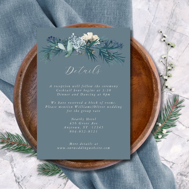 Dusty Blue Gray Winter Floral Wedding Enclosure Card (Creator Uploaded)