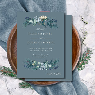 Dusty Blue Gray Winter Floral Wedding Invitation