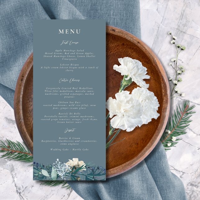 Dusty Blue Gray Winter Floral Wedding Menu (Creator Uploaded)