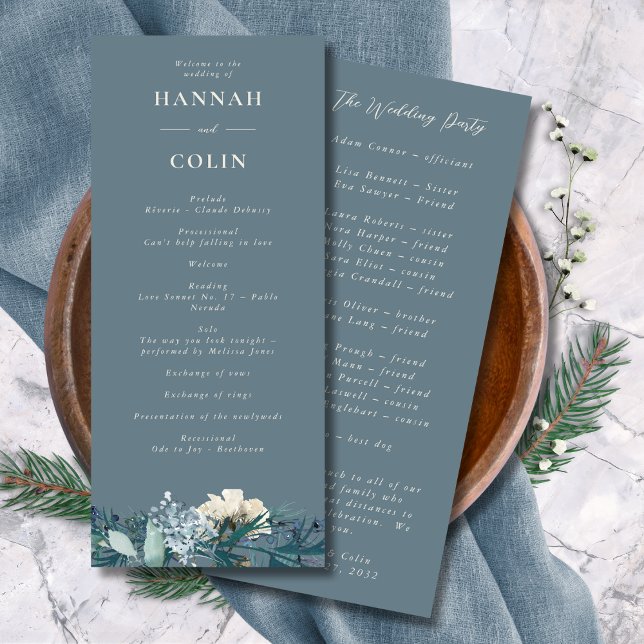 Dusty Blue Gray Winter Floral Wedding Program (Creator Uploaded)