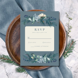 Dusty Blue Gray Winter Floral Wedding RSVP Card