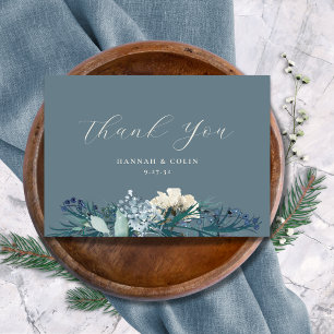 Dusty Blue Gray Winter Floral Wedding Thank You Card
