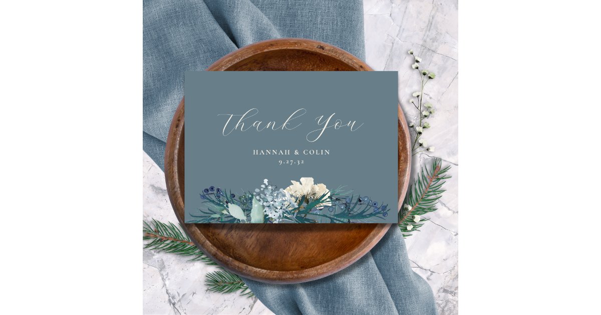 Dusty Blue Gray Winter Floral Wedding Thank You Card | Zazzle