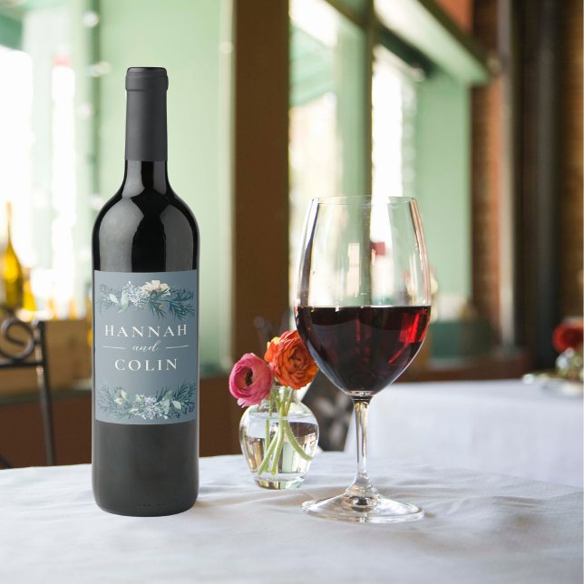 Dusty Blue Gray Winter Floral Wedding Wine Label (Creator Uploaded)