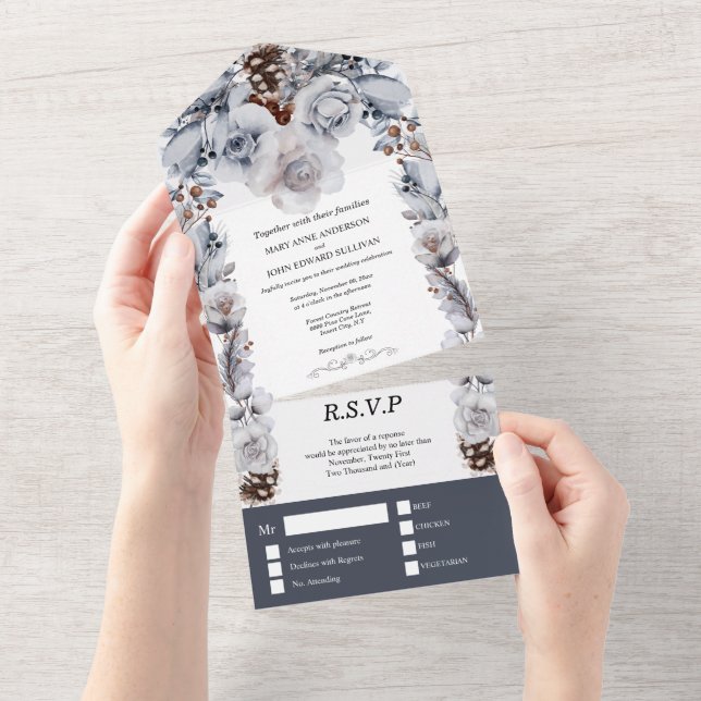 Dusty blue gray winter ice rose pine cone wedding  all in one invitation (Tearaway)