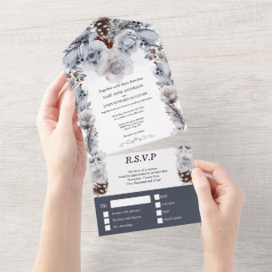Dusty blue gray winter ice rose pine cone wedding  all in one invitation