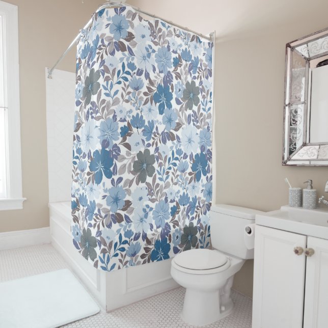 Dusty Blue & Gray Winter Sky Floral Garden Shower Curtain (In Situ)